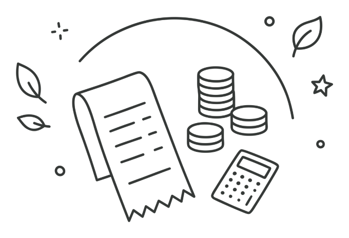 Ilustración de un recibo con monedas y una calculadora