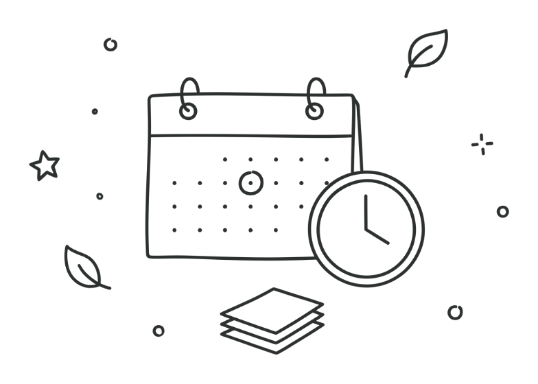 Ilustración de un calendario con un reloj y documentos apilados