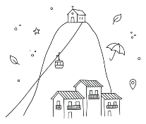 Ilustración de Bogotá: el cerro de Monserrate con su capilla y el teleférico